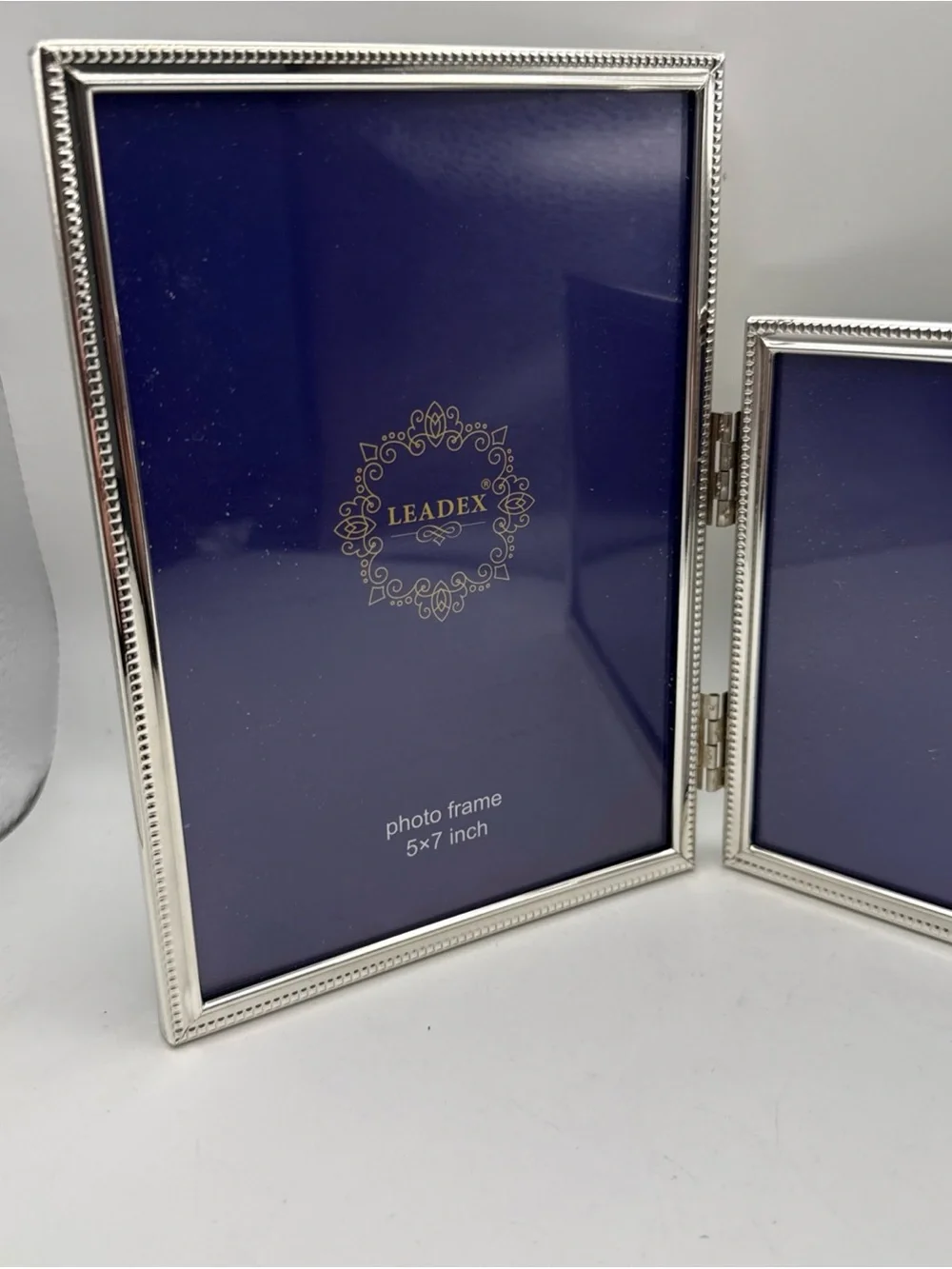 Silver-tone Metal Bi-Fold Double 5x7 Photo Frame Black Velveteen Back Asymmetric